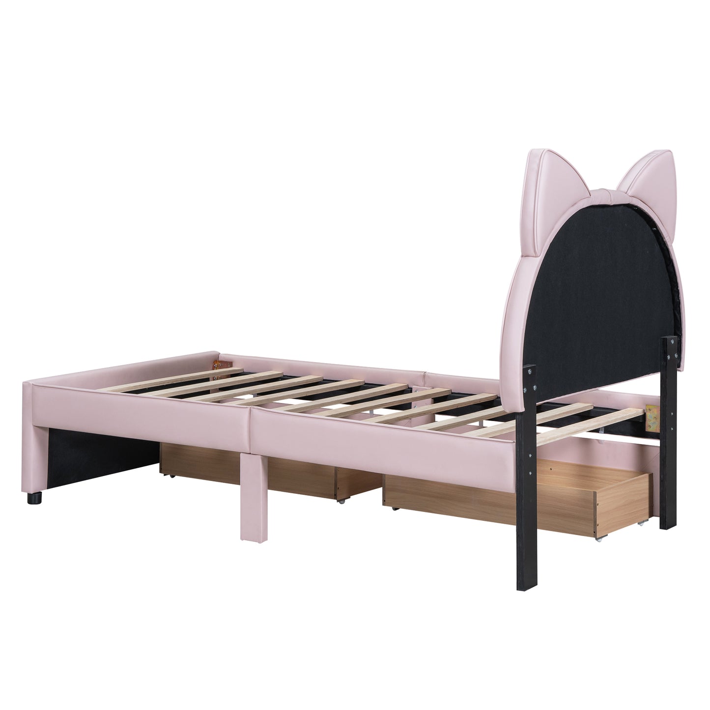 Twin Size Upholstered Platform Bed with Cartoon Ears Shaped Headboard and 2 Drawers, Pink