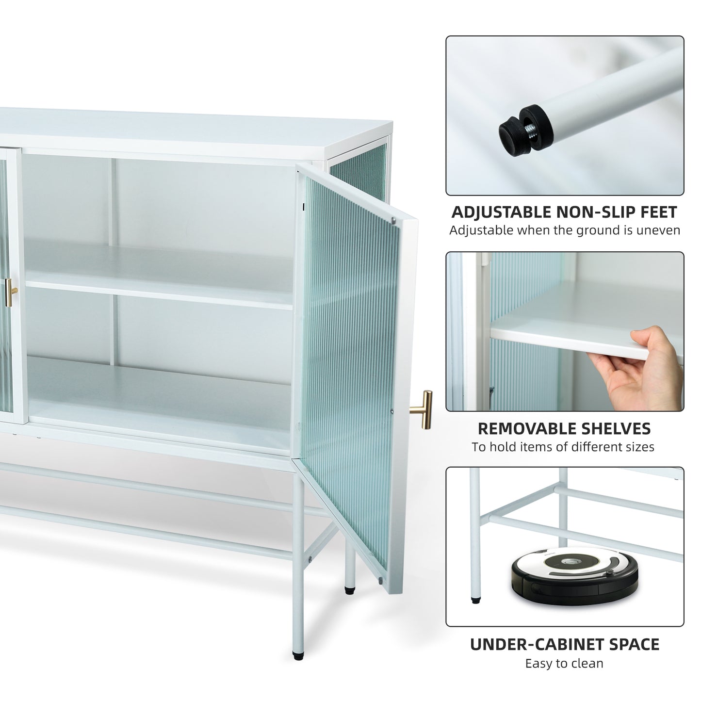 White Sideboard Storage Cabinet With Two Fluted Glass Doors Detachable Shelves Bottom Space for Living Room, Office, Dinging Room and Entryway