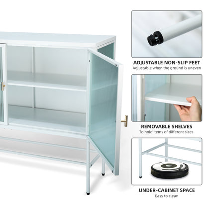 White Sideboard Storage Cabinet With Two Fluted Glass Doors Detachable Shelves Bottom Space for Living Room, Office, Dinging Room and Entryway