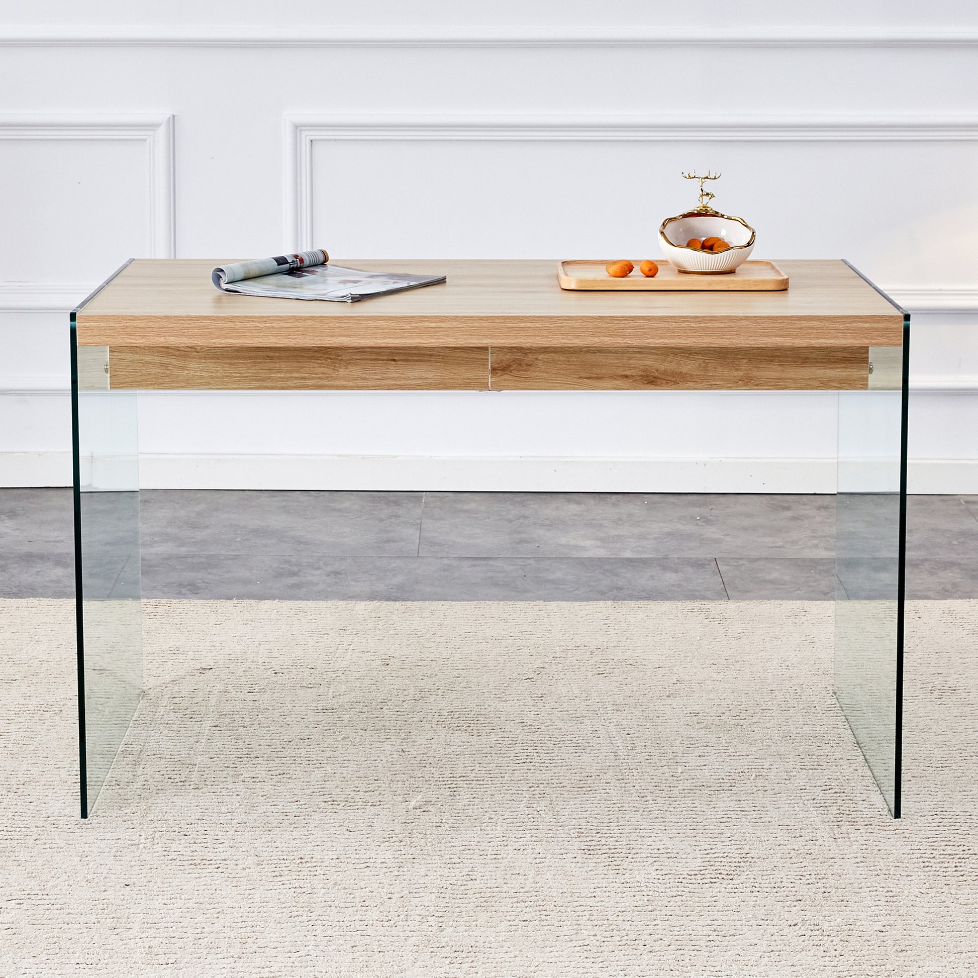 The top of the coffee table is made of medium density fiberboard and wooden stickers, with transparent tempered glass on both sides. The design is simple and elegant, with a sturdy structure.