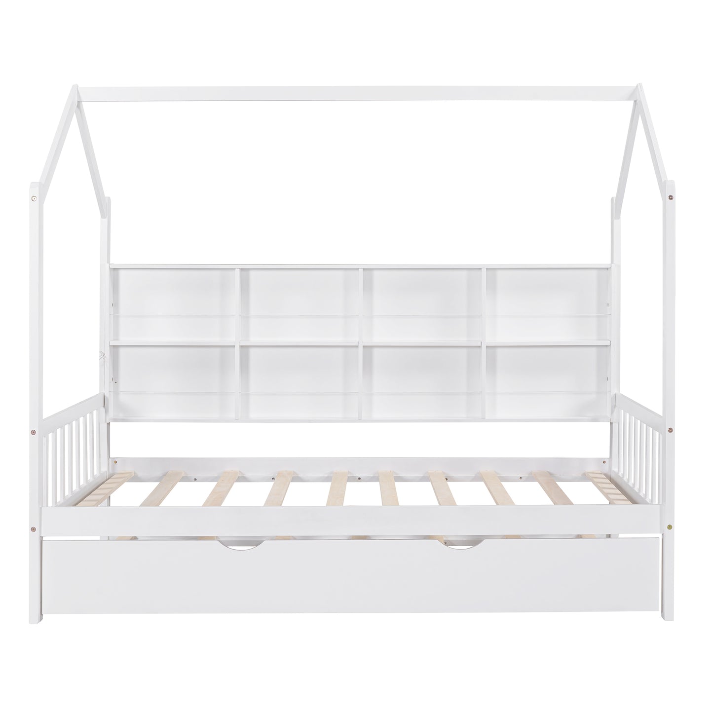 Wooden Twin Size House Bed with Trundle,Kids Bed with Shelf, White