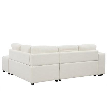 86.6" Sectional Sofa L-shaped Sofa Couch Pull-out Sofa Bed with a Movable Ottoman, Two USB Ports  and Two Cup Holders for Living Room, Beige