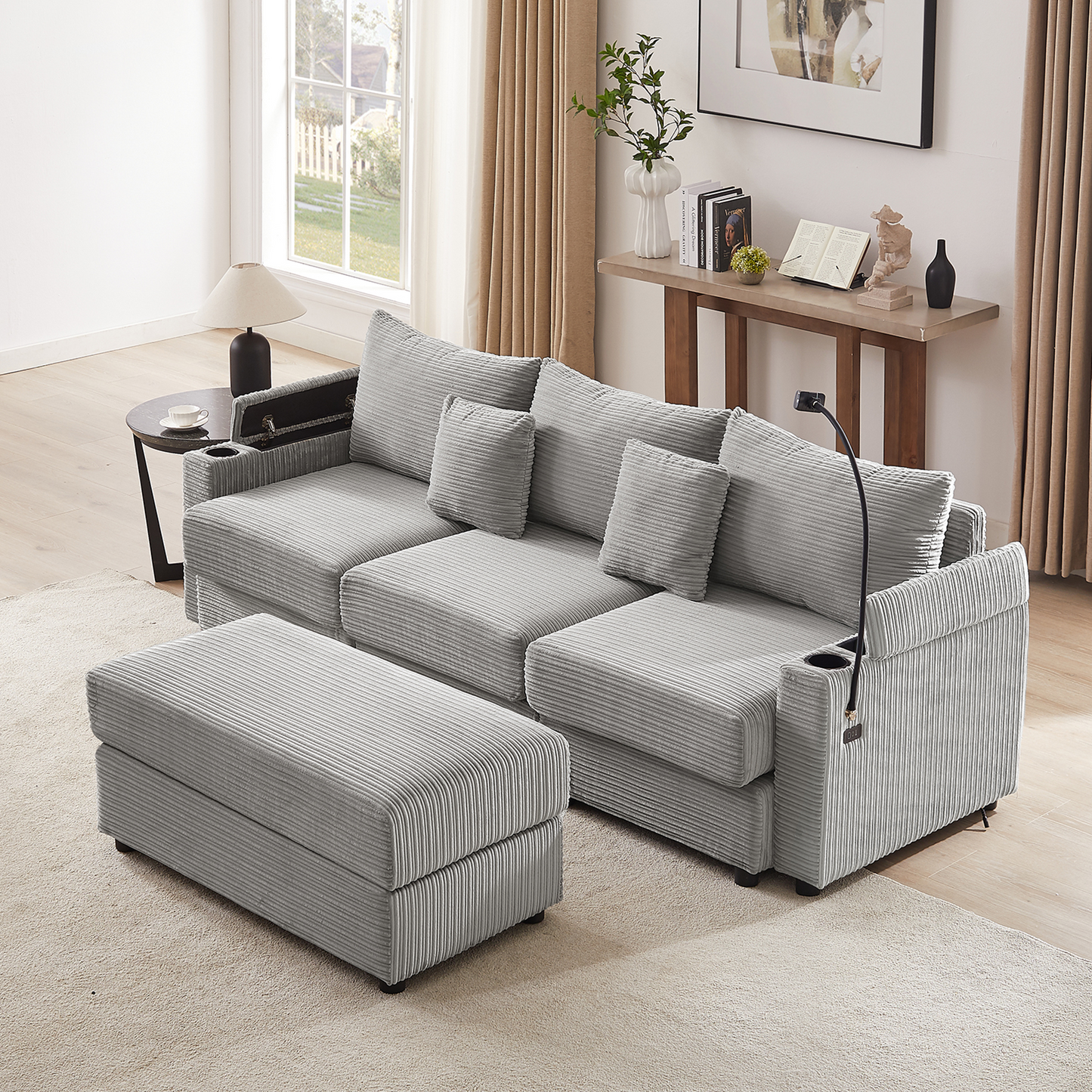 95.3" Modern Style 3-Seater Sofa Sectional Sofa Couch with Storage Space, A Movable Ottoman, Two USB Ports, Two Cup Holders, A Phone Holder for Living Room, Grey