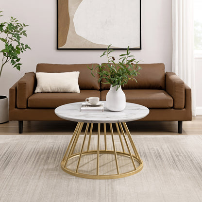 Modern Round Coffee Table with Metal Base – White Marble / Gold