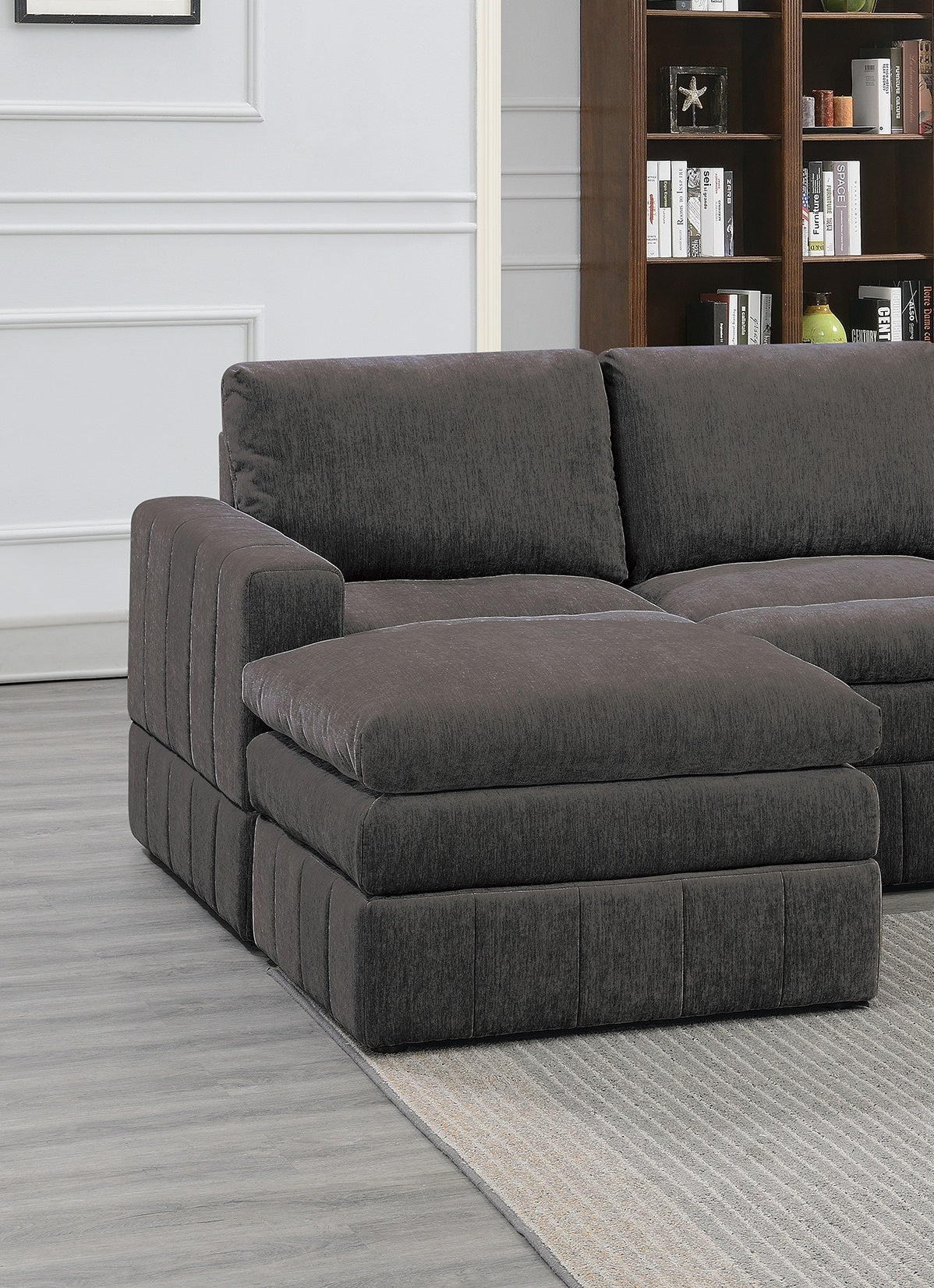 Contemporary 5pc Set Modular L-Sectional Set 1x One Arm Chair / Wedge 2x Armless Chairs 2x Ottomans Mink Morgan Fabric Plush Living Room Furniture