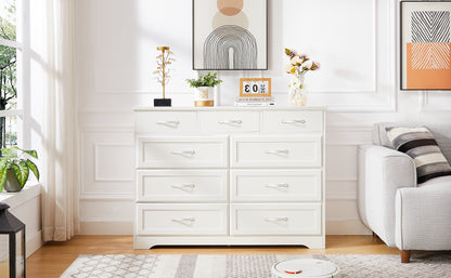 Bedroom dresser, 9 drawer long dresser with antique handles, wood chest of drawers for kids room, living room, entry and hallway, White, 47.56''W x 15.75''D x 34.45''H.