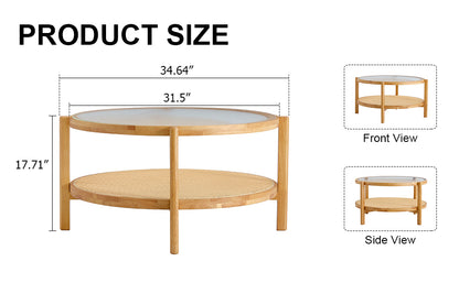 Modern simple circular double-layer solid wood tea table rattan woven Chinese side table small round table suitable for living room, dining room and bedroom