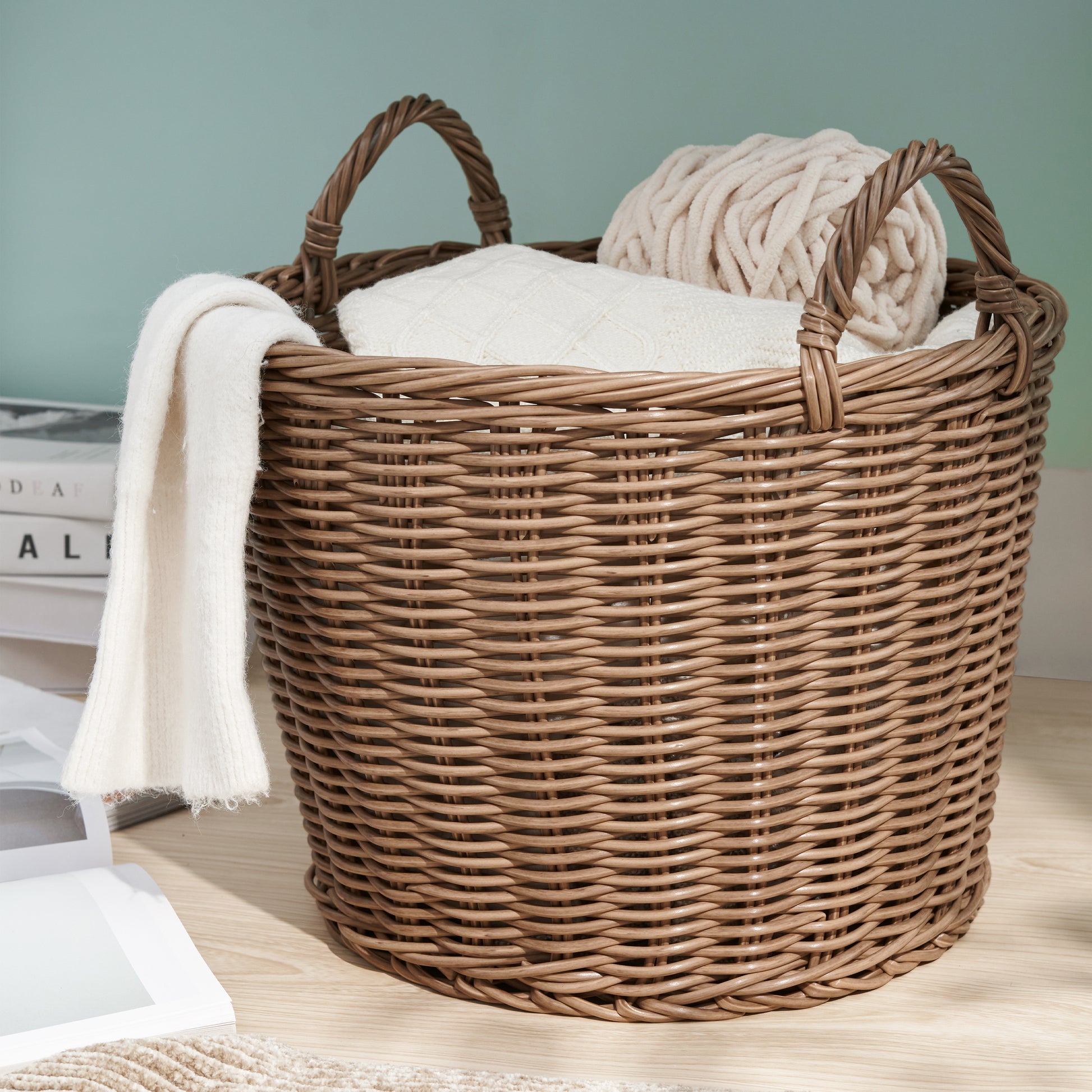 Joseph Round Cone Woven Resin Wicker Basket with Handles - 16" x 16" x 14.5" - Chocolate Brown - For Clothes, Towels, Canvas, Toys, Magazine Storage and Home Decoration