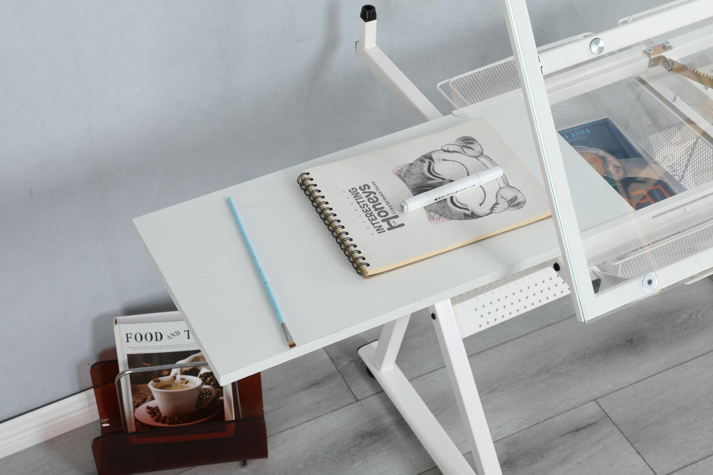 WHITE adjustable tempered glass drafting printing table with chair