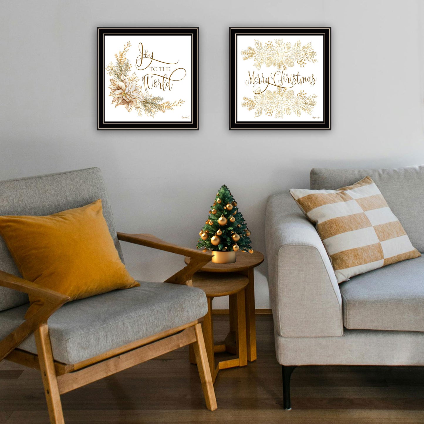 Trendy Decor 4U 2- Piece Vignette Golden Merry Christmas Black Framed Wall Art for Living Room, Bedroom Wall Art Print for Home Decor by Mollie B