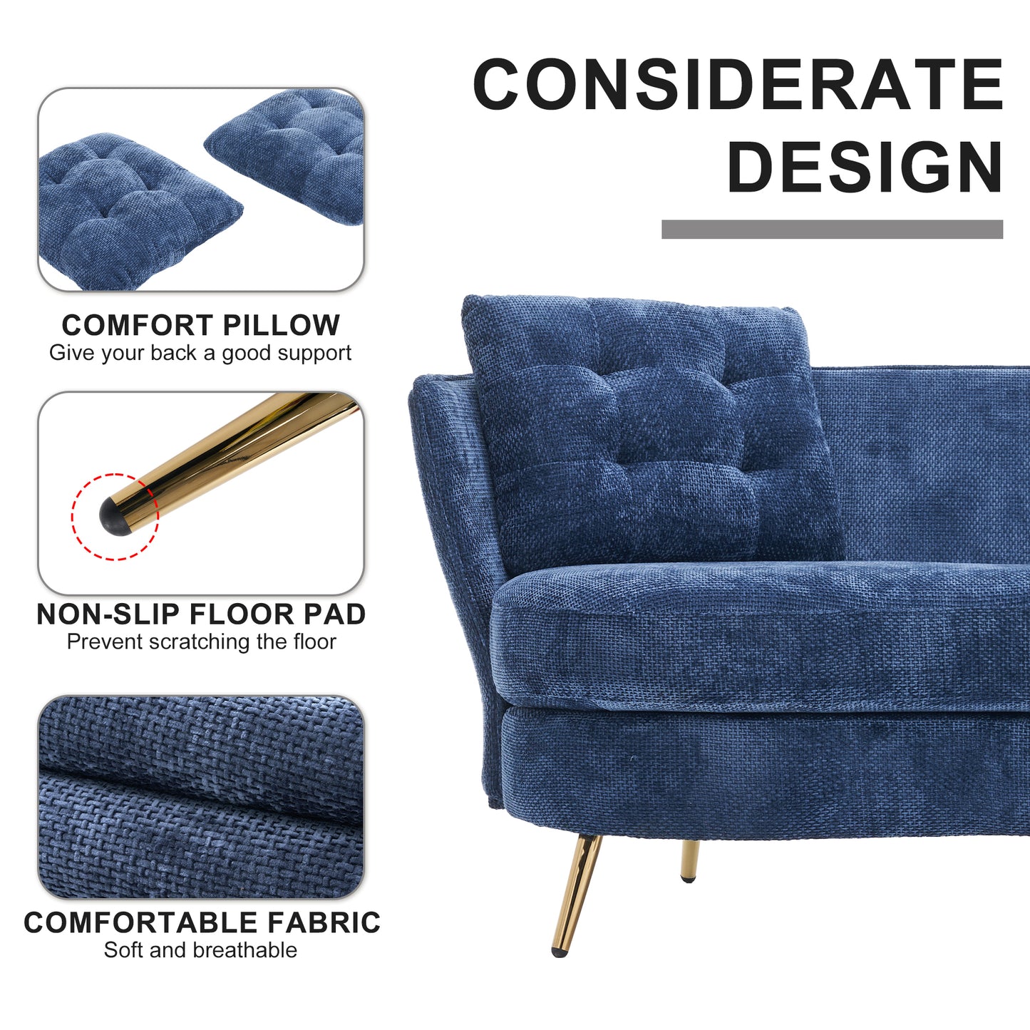 Polyester fiber Loveseat Sofa Upholstered Couch with Golden Metal Legs Club Two-Seat Sofa for Living Reading Room Bedroom Apartment Small Space Dorm,Blue