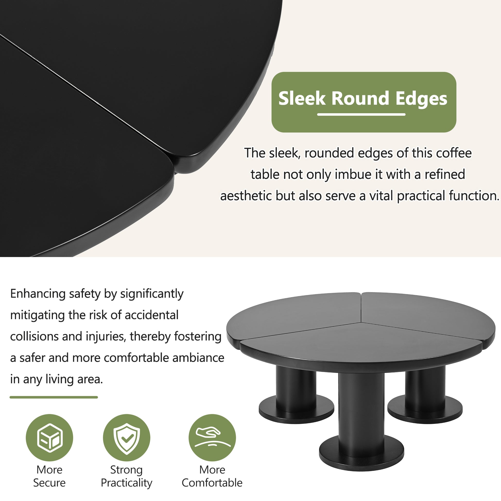 ON-TREND Φ39.4'' Easy Assembly Round Petal-Shaped Coffee Table, Cream Style Center Table with 3 Thick Legs, Minimalist Irregular End Table with Sleek Round Edges for Living Room, Black