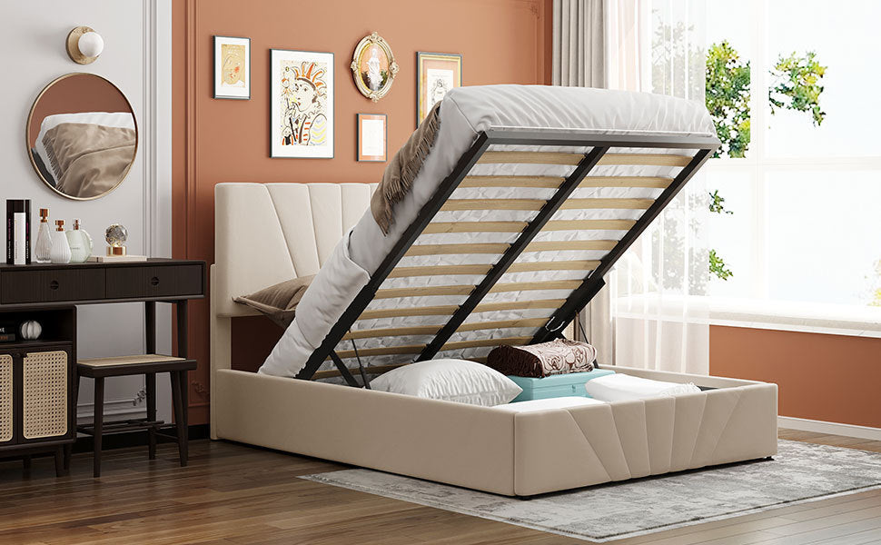 Full size Upholstered Platform bed with a Hydraulic Storage System - Beige