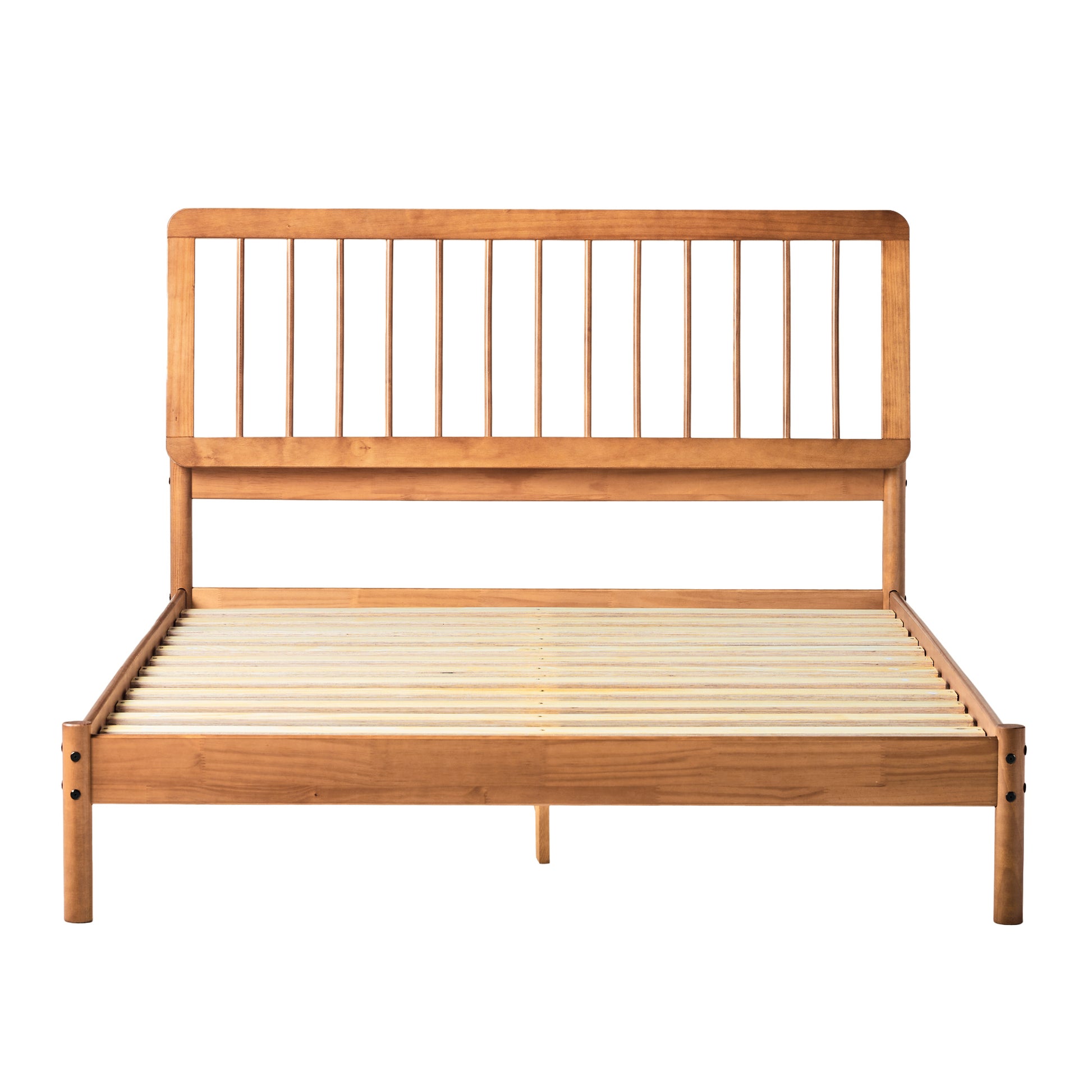 Mid-Century Modern Solid Wood Queen Spindle Bed – Caramel