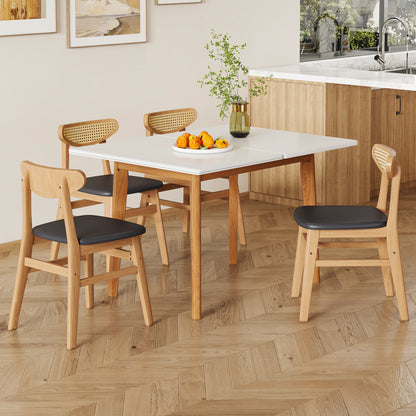 Table and chair set. White sintered stone tabletop, rubberwood legs, foldable computer desk, foldable desk. Solid wood dining chair with small curved backrest and PU cushions. ZD-1545 DX-2361