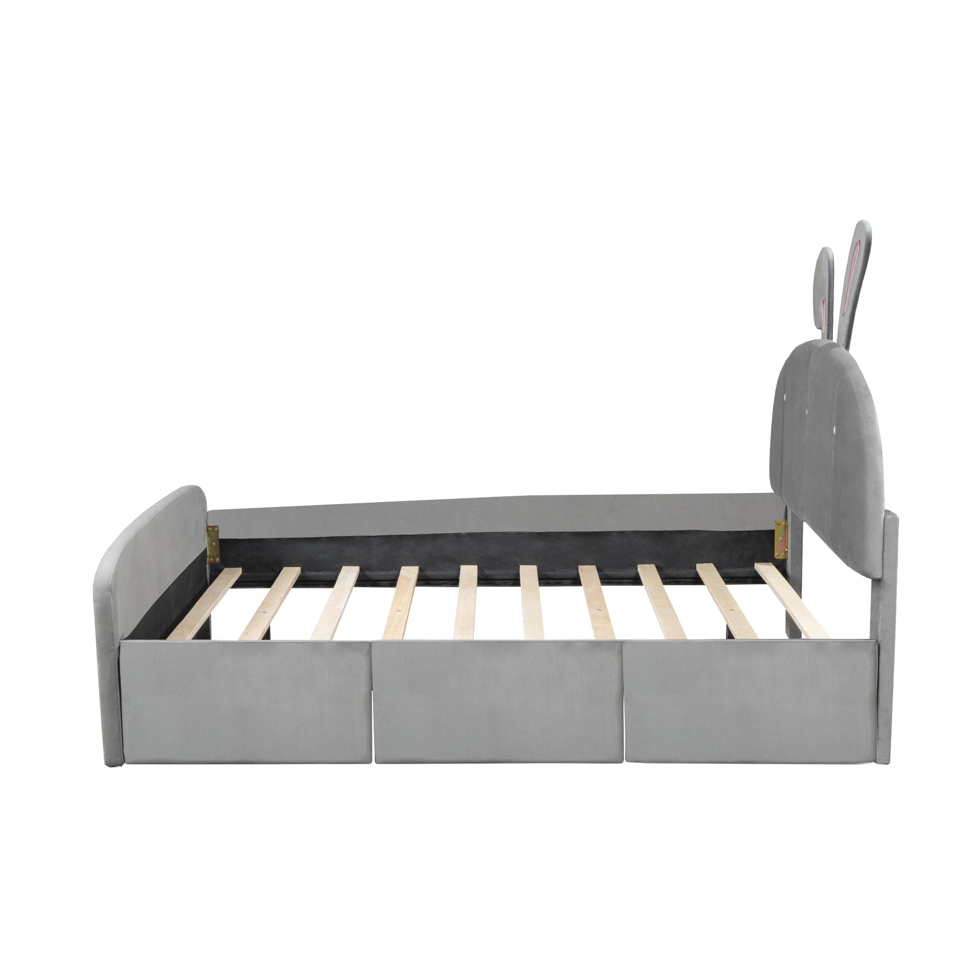 Full Size Velvet Platform Bed with Rabbit-Shaped Headboard, with Drawers, with Bed-End Storage Pocket, Gray