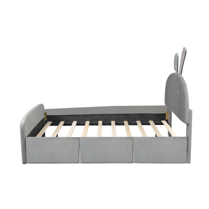 Full Size Velvet Platform Bed with Rabbit-Shaped Headboard, with Drawers, with Bed-End Storage Pocket, Gray