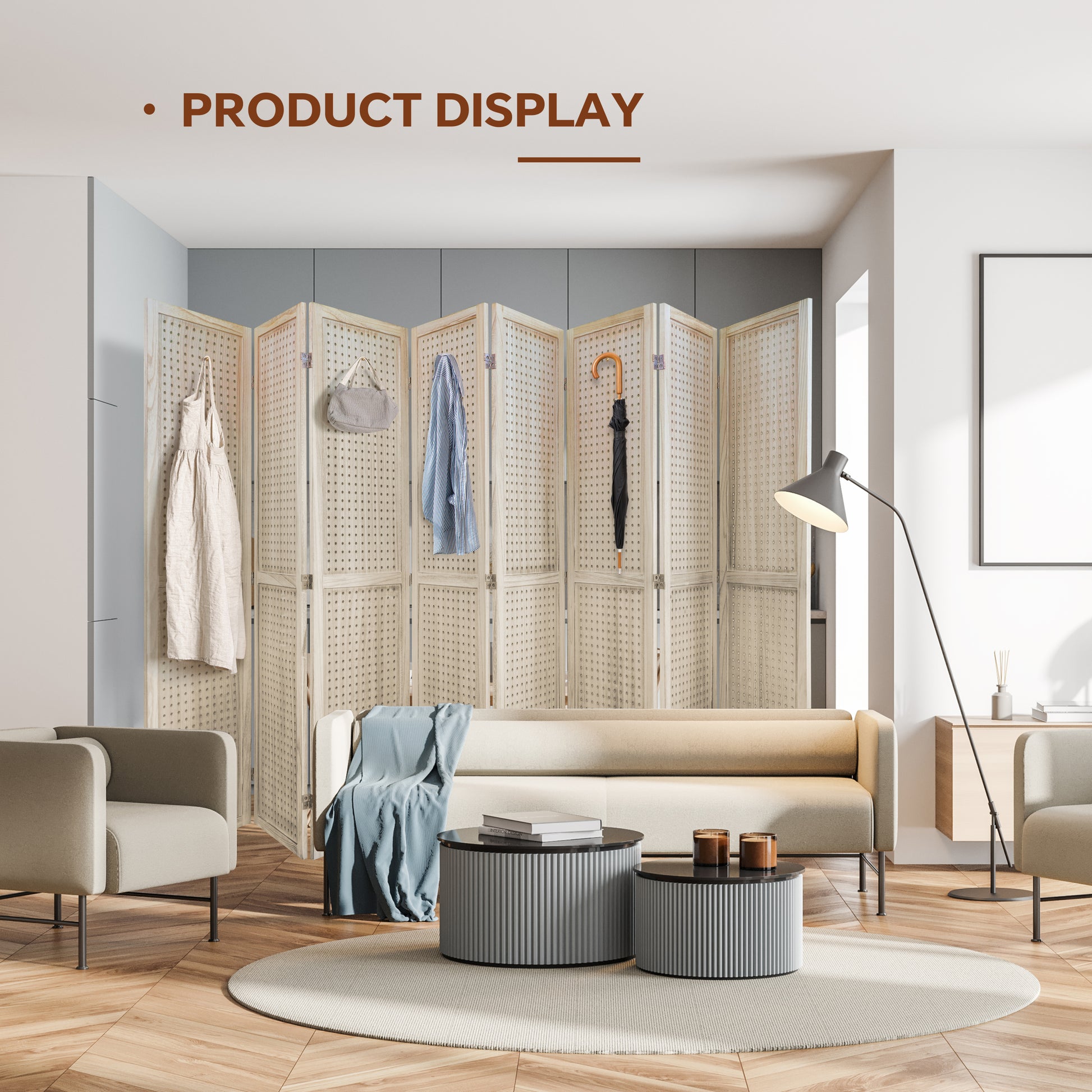 8 Panel Room Divider, 5.6Ft Pegboard Display Wooden Room Divider Folding Privacy Screen Room Divider Freestanding Peg Board Display for Trade Show Craft Show Home Wall Organizer, Natural Wood