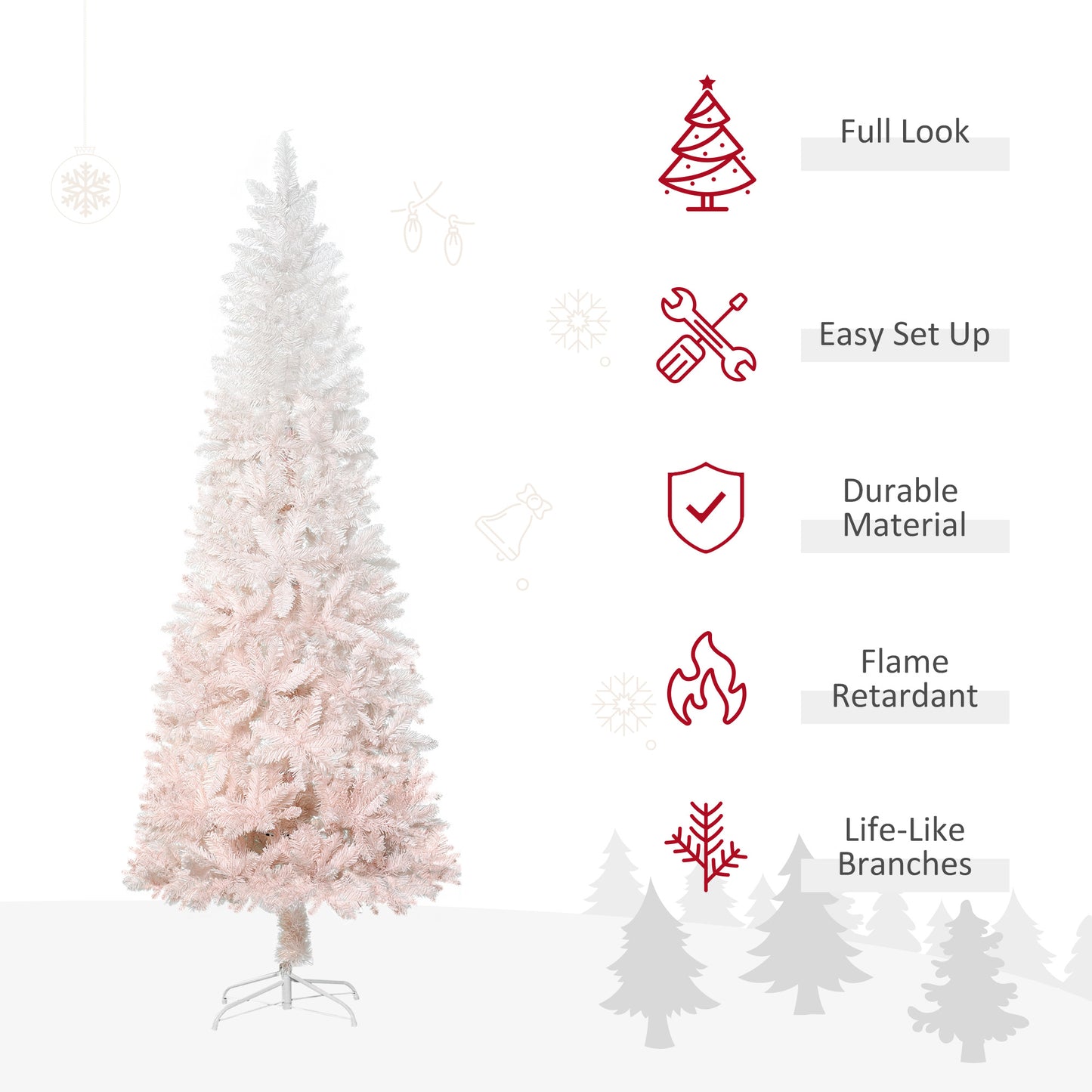 HOMCOM 7' Tall Unlit Pencil Fir Artificial Christmas Tree with Realistic Branches and Steel Base, Pink and White