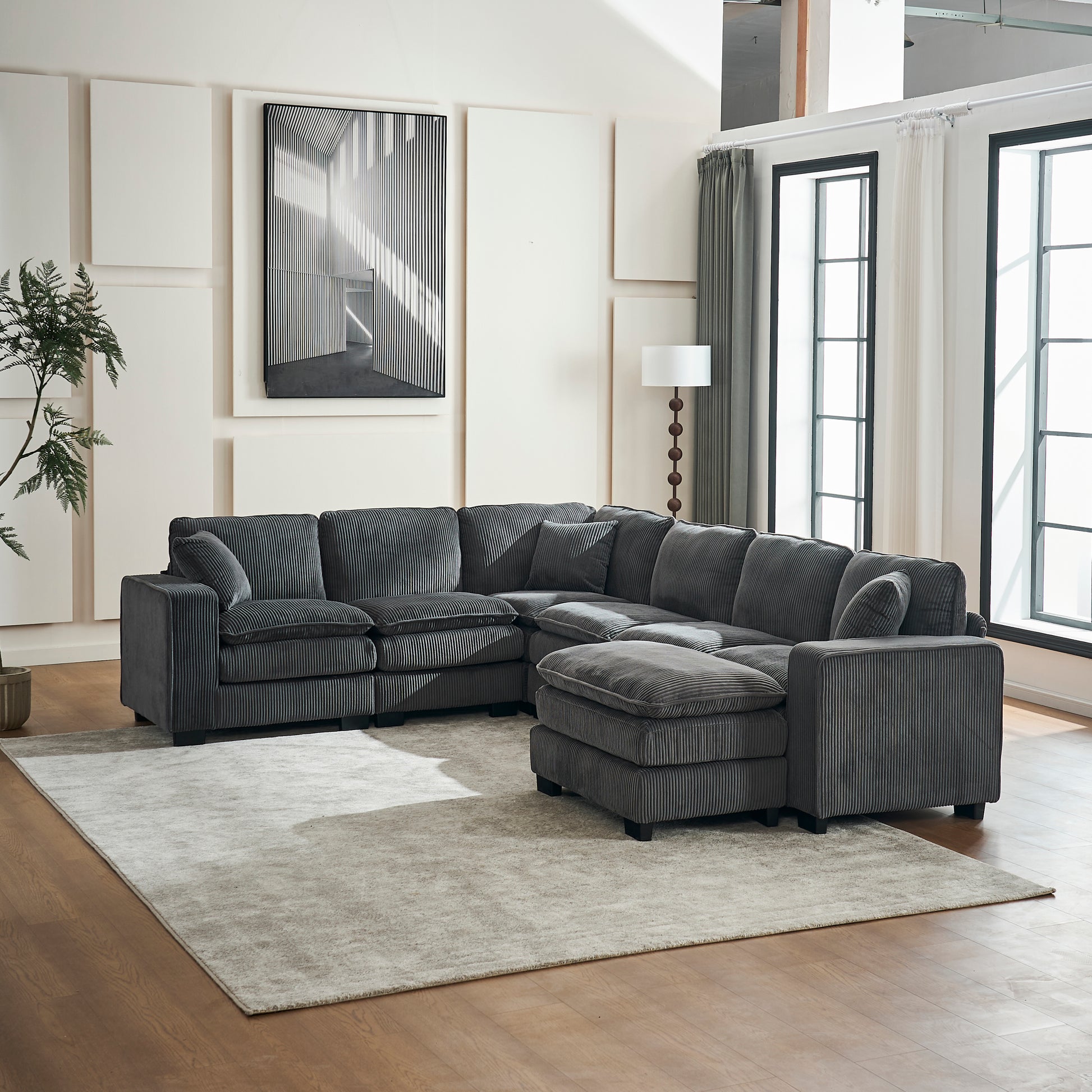 Modern U Shaped 6-seat Sectional Sofa Couch with one Ottoman and three toss pillows ,Modular Sofa for Living Room,Corduroy sofa