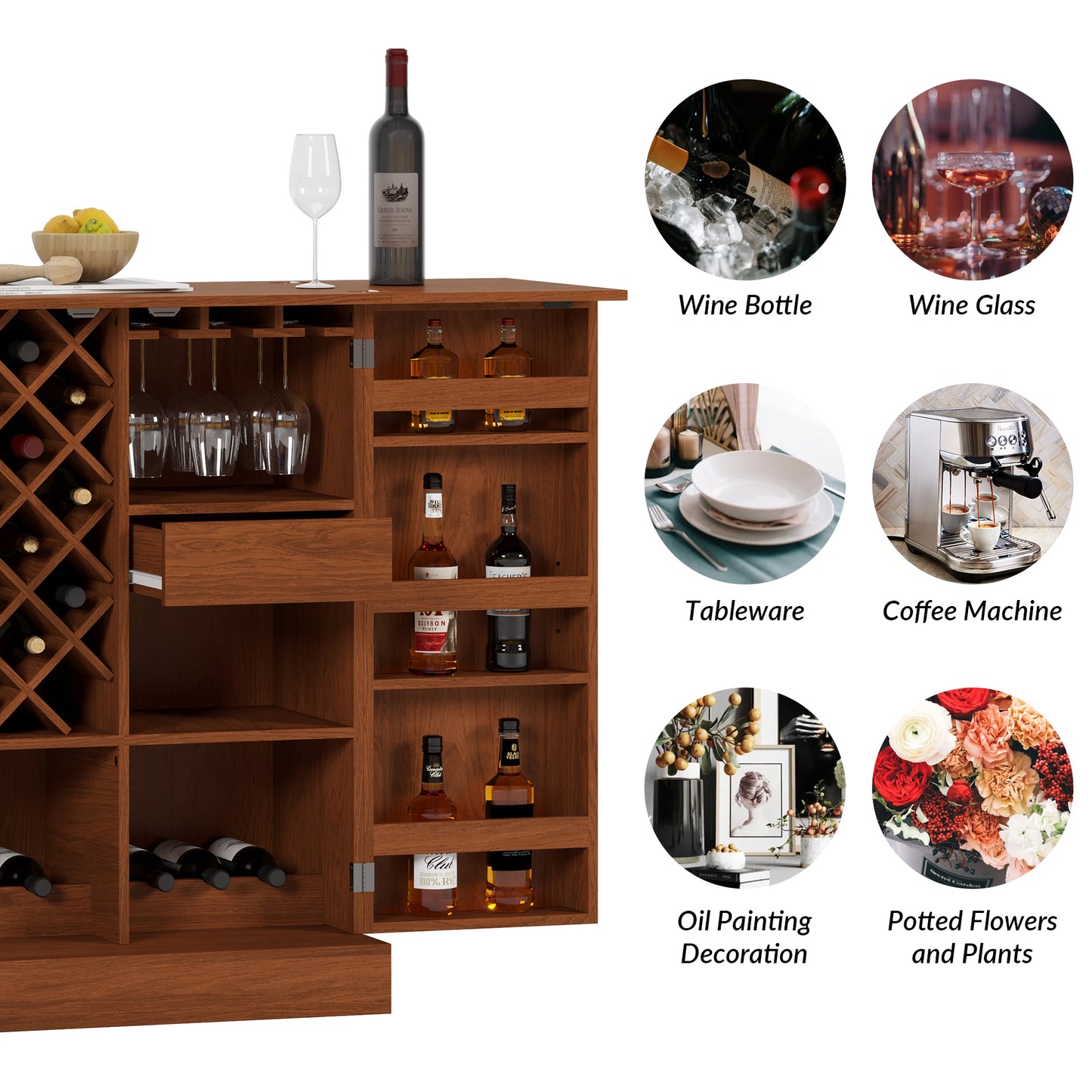 41.9" Home Bar Cabinet, Industrial Walnut Rattan Door Fold Out Bar Cabinet with Storage Bar Table