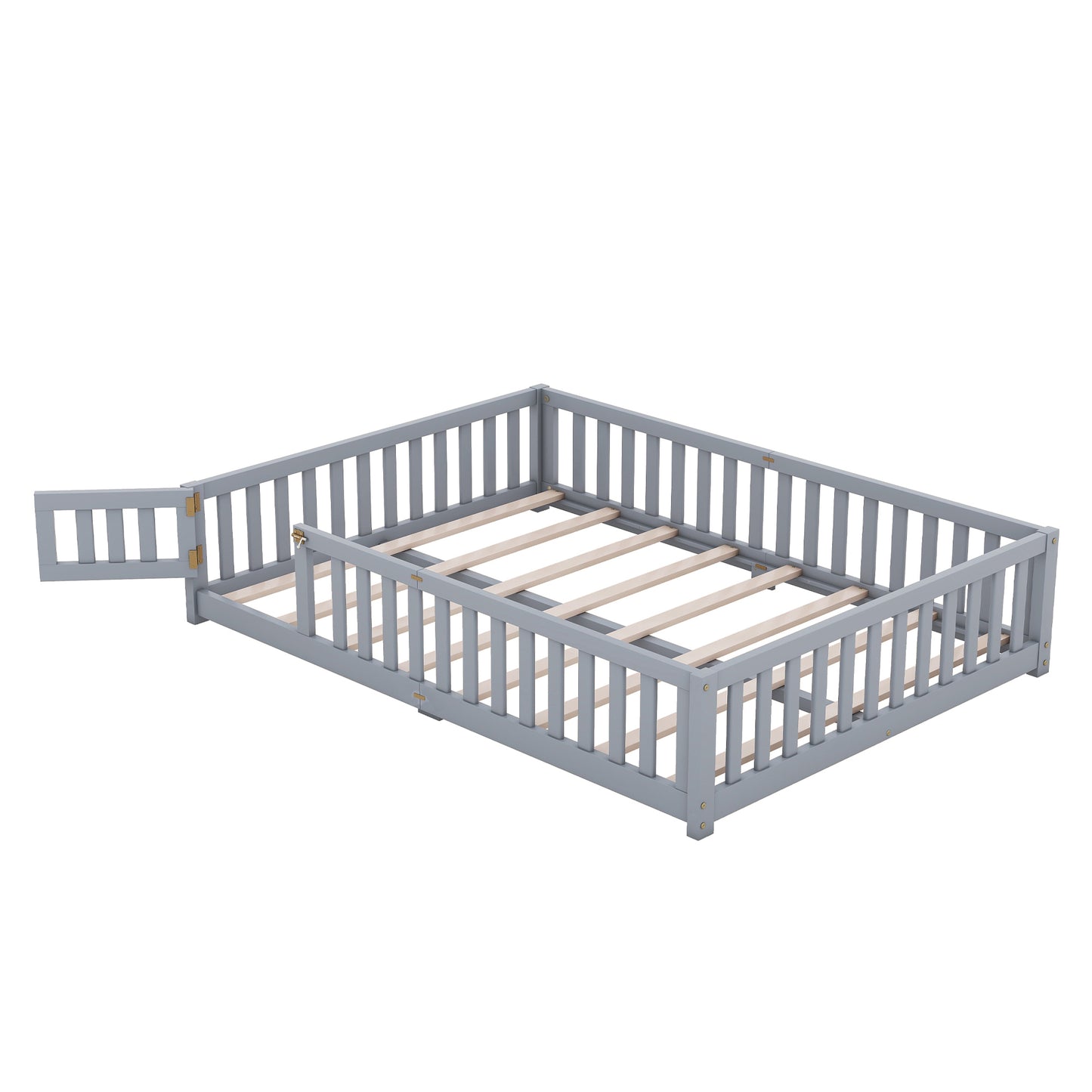 Queen Size Bed Floor Bed with Safety Guardrails and Door for Kids, Gray