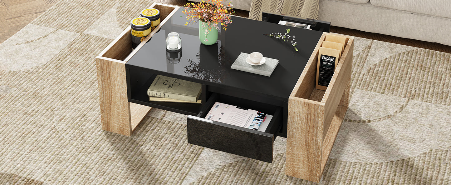 ON-TREND High Glossy Coffee Table with 2 Drawers, Practical Two Tone Center Table with Hidden Compartments, Rectangle Cocktail Table with Open Storage Shelf for Living Room, Bedroom, Black, 41.3*23.6"