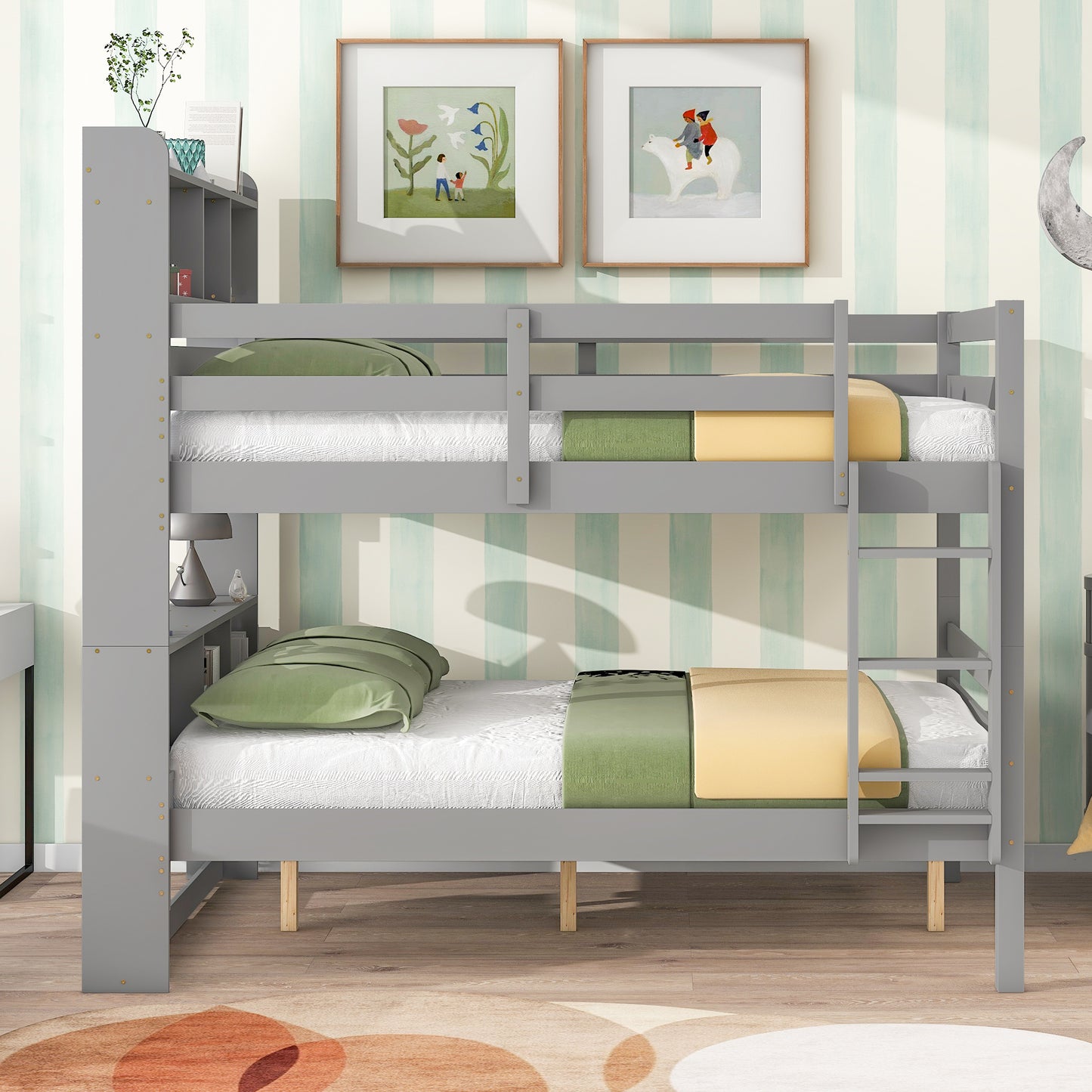 Full Over Full Bunk Beds with Bookcase Headboard, Solid Wood Bed Frame with Safety Rail and Ladder, Kids/Teens Bedroom, Guest Room Furniture, Can Be converted into 2 Beds, Grey