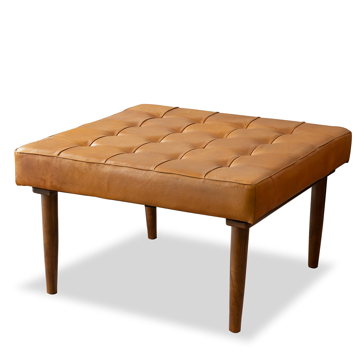 Mark Mid-Century Tufted Square Genuine Leather Upholstered Ottoman in Tan