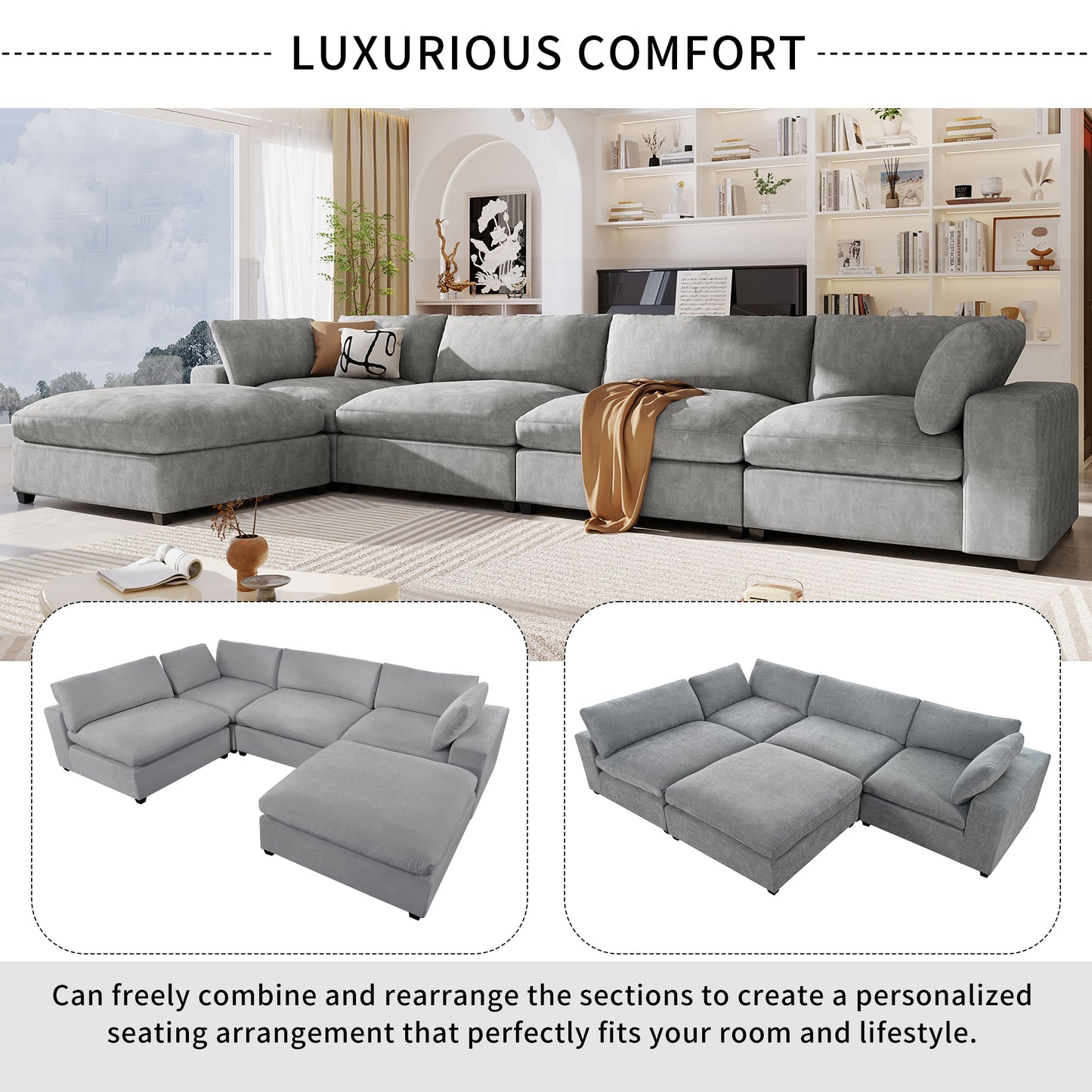 U-style Upholstered Oversize Modular Sofa with Removable Ottoman,Sectional sofa for Living Room Apartment(5-Seater)