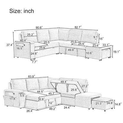 U_STYLE  L-shaped Padded Modular Sofa with Storage Space, USB Ports, and Cup Holders on the Armrests, Suitable for Living Rooms, Offices, and Apartments.