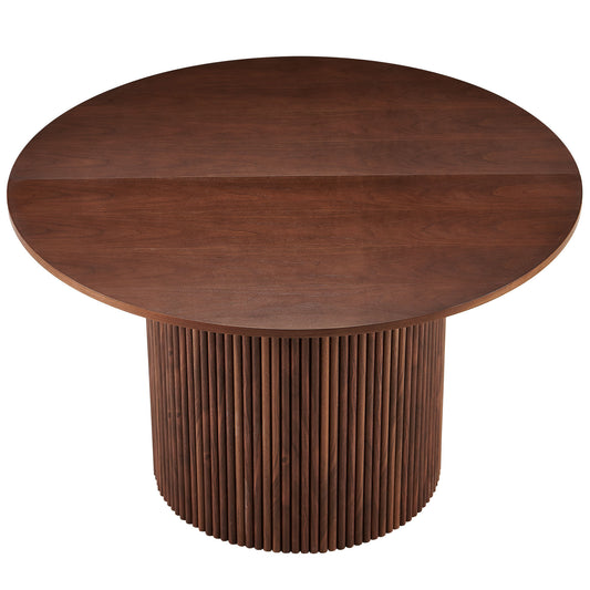 Walnut Wood Veneer Tabletop 47 Inch Round Dining Table for 4, Modern Farmhouse Kitchen Table, 47 Inch Round Dining Tables with Wood Strip Base for Kitchen Living Room,Walnut