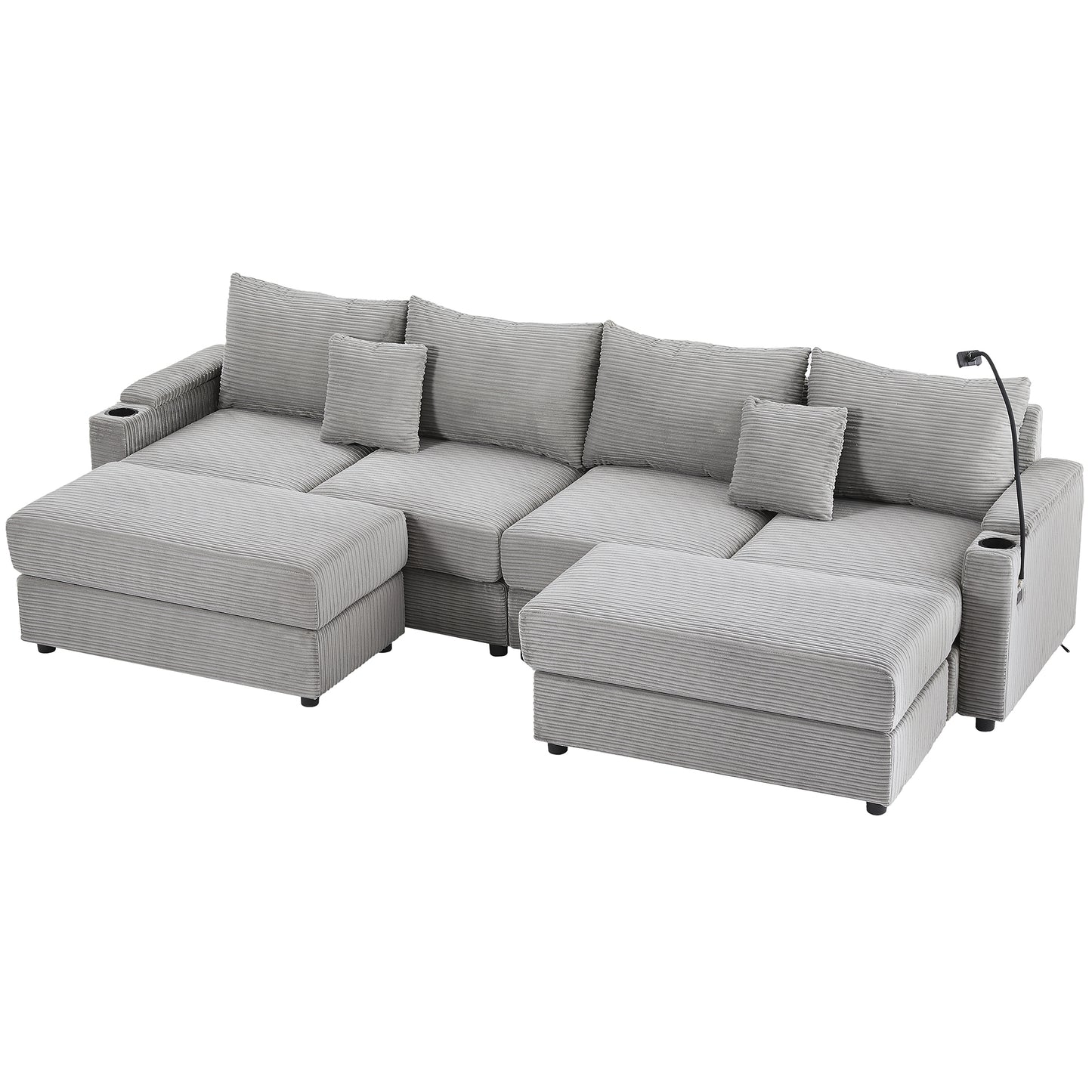 123.2" Modern Style 4-seater Sofa Sectional Sofa Couch with Storage Space, Two Movable Ottomans, Two USB Ports, Two Cup Holders, A Phone Holder for Living Room, Grey