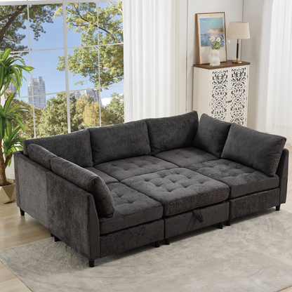 [NEW ARRIVED] [VIDEO PROVIDED]   Modular Sectional Couch with Storage Ottoman, U Shaped Sofa, Storage Ottoman,Minimalist ,Convertible Modular Sofa,Chenille ,Upholstered,6 Seat,Living Room,  Dark  Gray