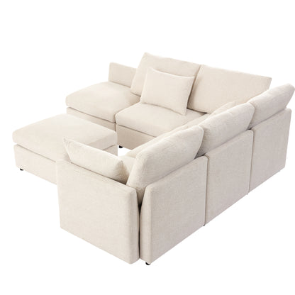 85.4" Sectional Sofa Modular Sofa U-shaped Sofa Couch Sofa Bed L-shaped Sofa with a Movable Ottoman and Two USB Ports for Living Room, Beige