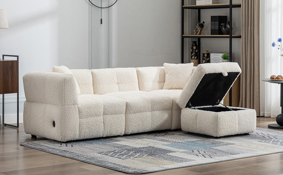 87.7" Sectional Sofa Cozy Teddy Fleece Fabric Sectional Sofa Couch with Two USB Ports a Movable Storage Ottoman and Two Lumbar Pillows for Living Room, Creamy White