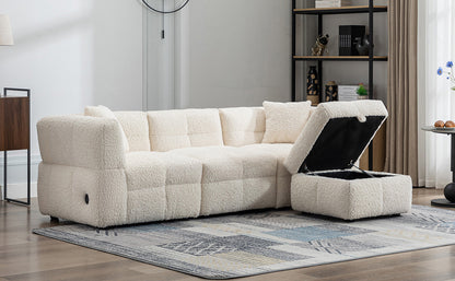 87.7" Sectional Sofa Cozy Teddy Fleece Fabric Sectional Sofa Couch with Two USB Ports a Movable Storage Ottoman and Two Lumbar Pillows for Living Room, Creamy White