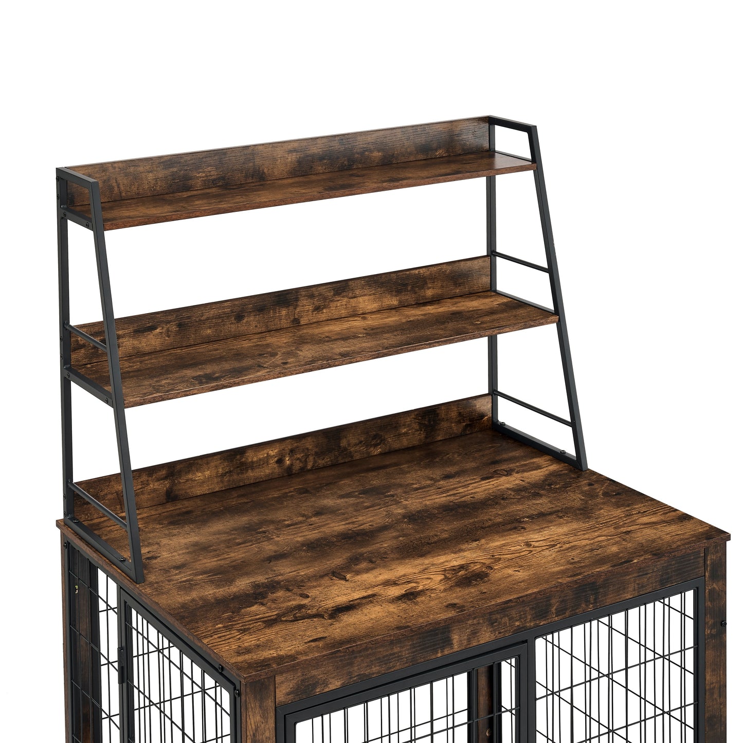 Furniture type dog cage iron frame door with cabinet, two door design, Rustic Brown,37.99"WX27.36"DX59.92"H