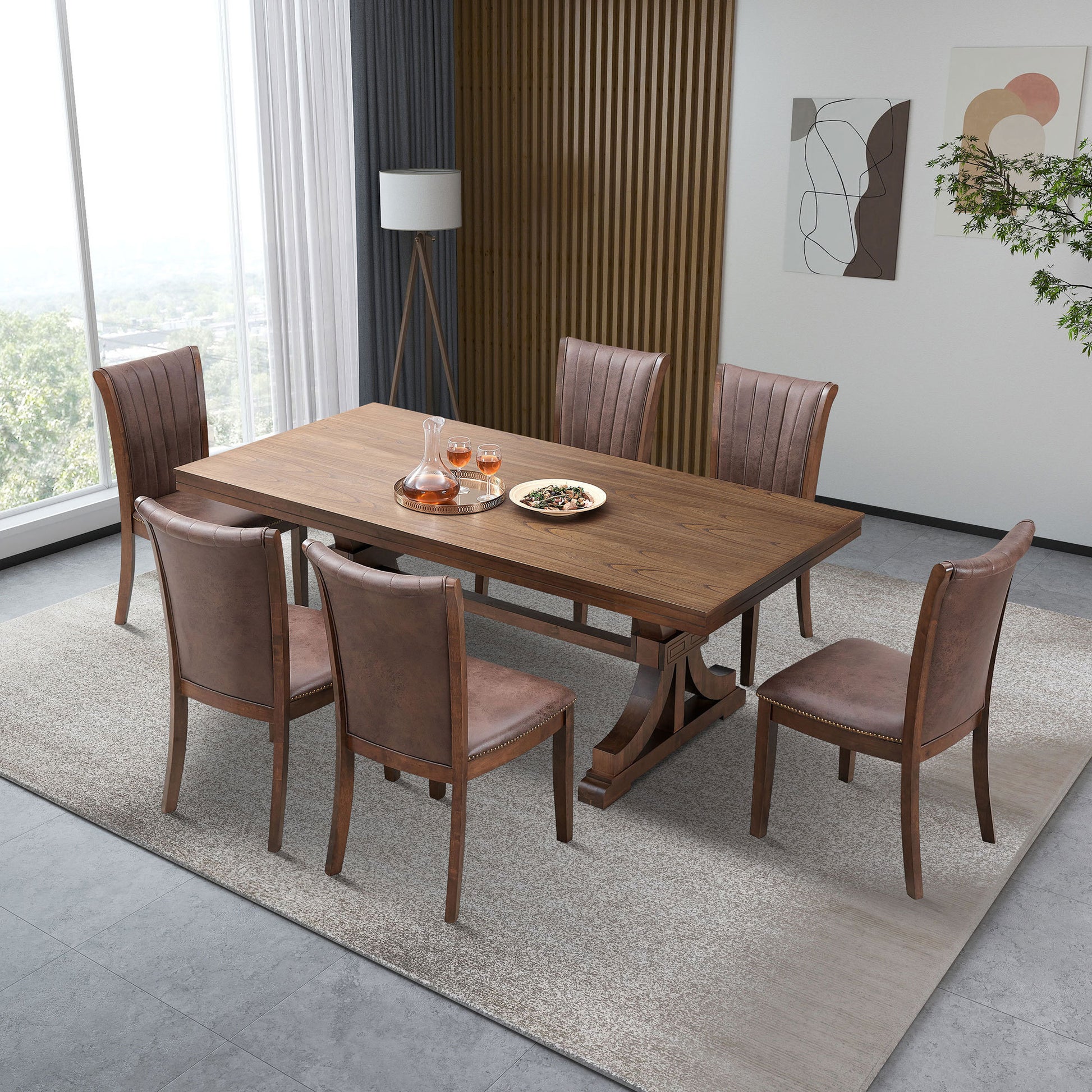 Mid Century Modern Dining Table Set for 7,Rectangular Table and 6 Kitchen Room Chairs,7 Piece Kitchen Table Set for Dining Room,Faux Leather Upholstered 6PCS Side Chairs,OAK