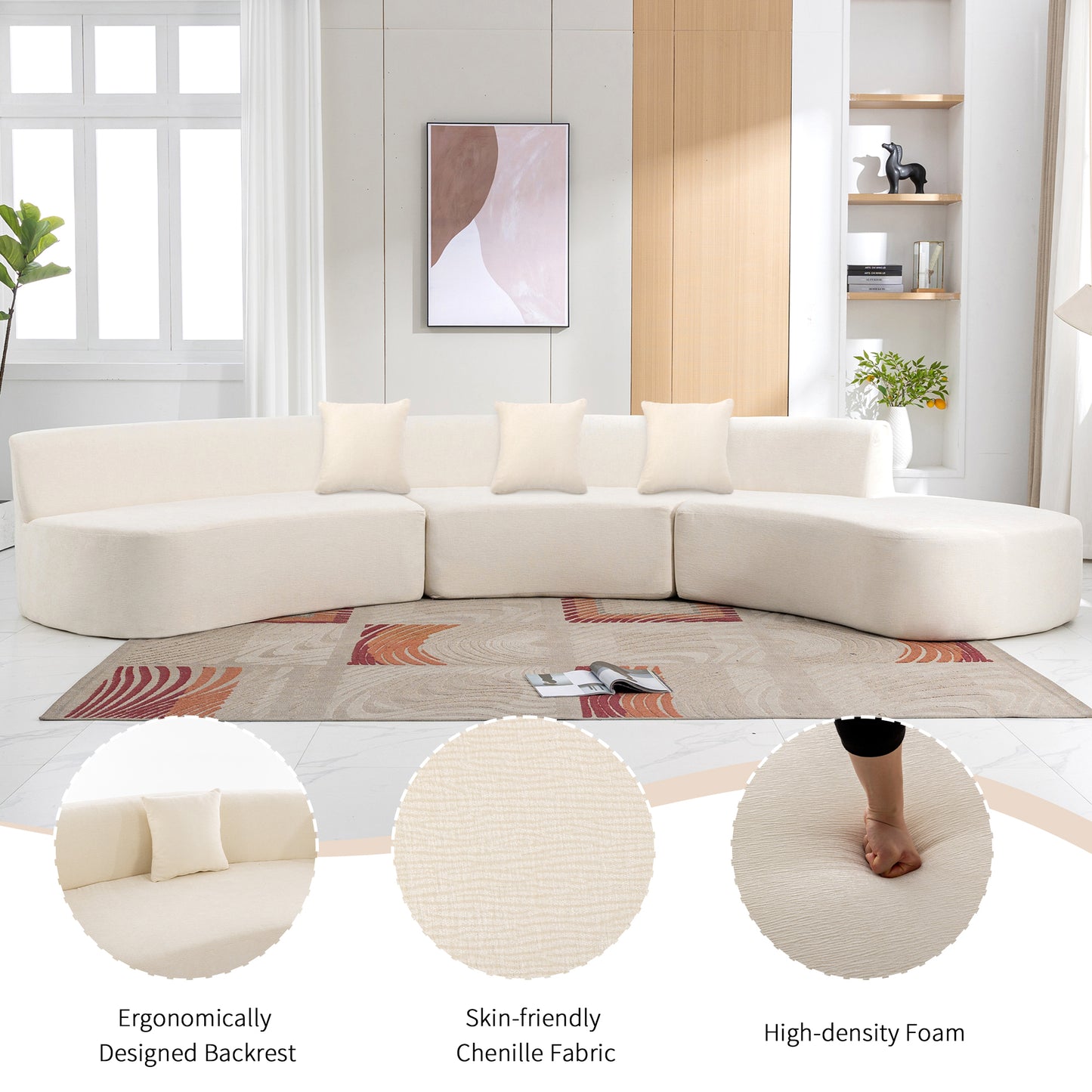 136.6" Stylish Curved sofa Sectional Sofa Chenille Fabric Sofa Couch with Three Throw Pillows for Living Room, Beige