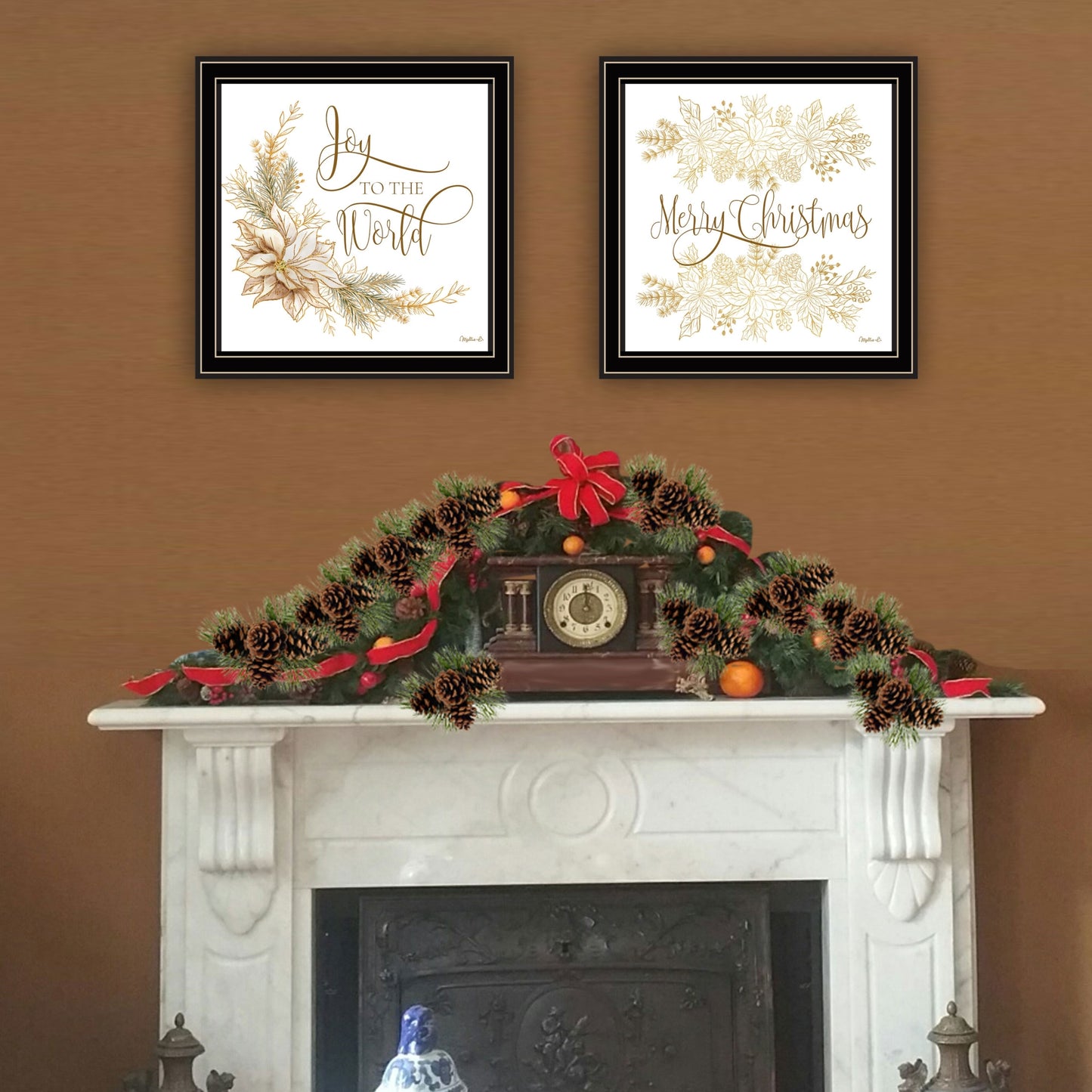 Trendy Decor 4U 2- Piece Vignette Golden Merry Christmas Black Framed Wall Art for Living Room, Bedroom Wall Art Print for Home Decor by Mollie B