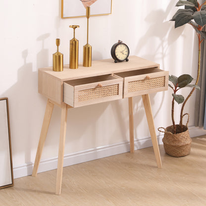 Side table with two real rattan drawers, solid wood table legs,can be used in the dining room, living room,bedroom,entrance,natural