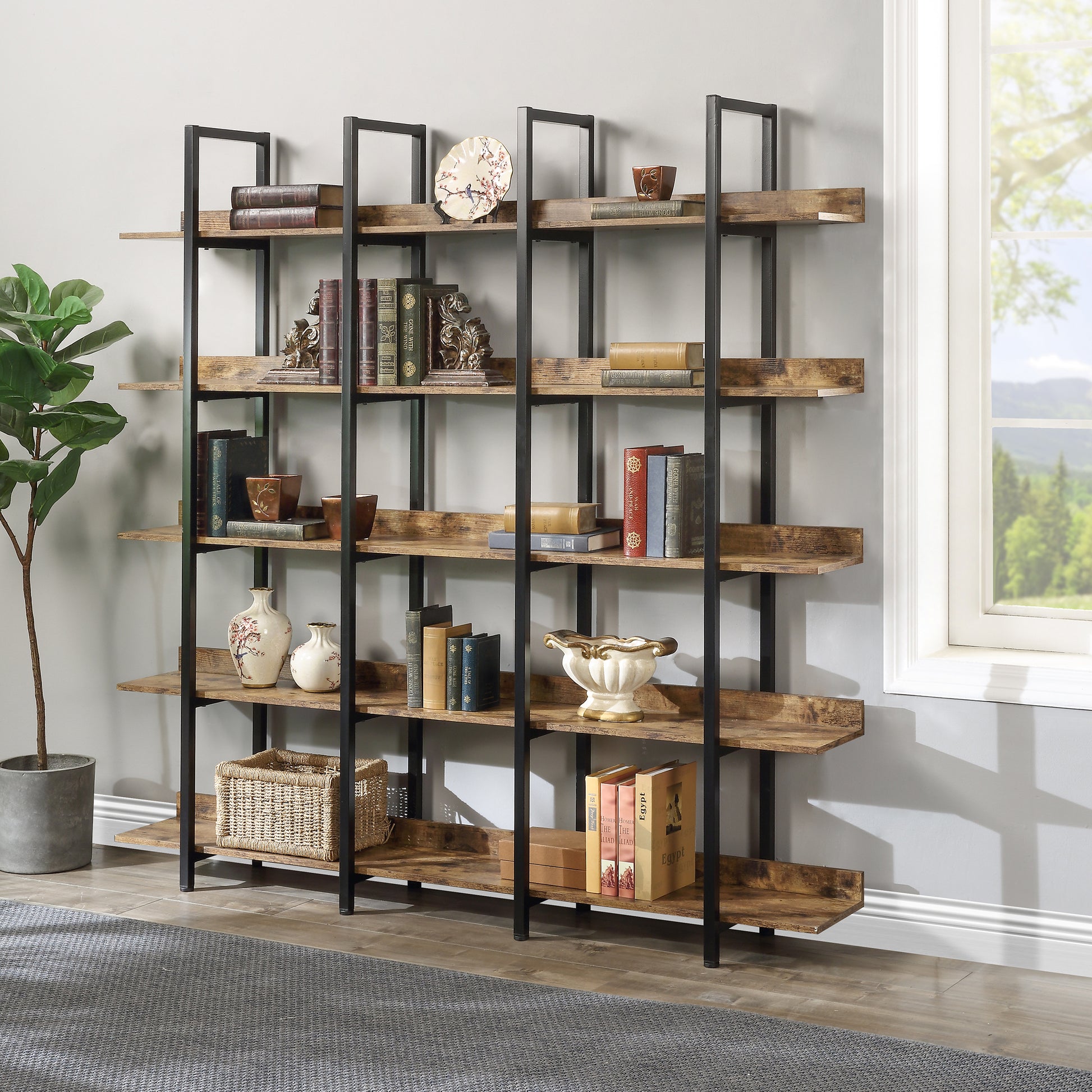 [VIDEO] 5 Tier Bookcase Home Office Open Bookshelf, Vintage Industrial Style Shelf with Metal Frame, MDF Board