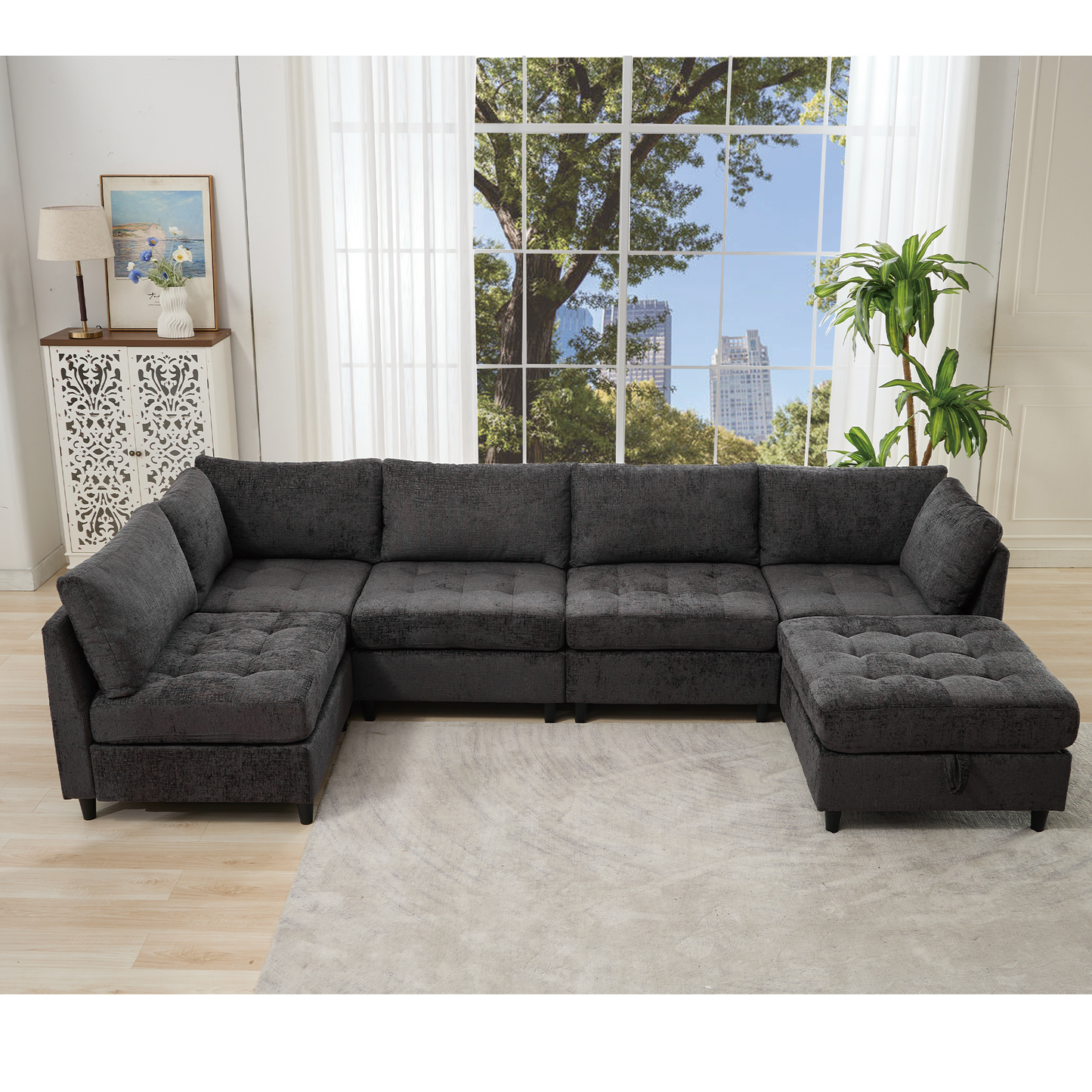 [NEW ARRIVED] [VIDEO PROVIDED]   Modular Sectional Couch with Storage Ottoman, U Shaped Sofa, Storage Ottoman,Minimalist ,Convertible Modular Sofa,Chenille ,Upholstered,6 Seat,Living Room,  Dark  Gray