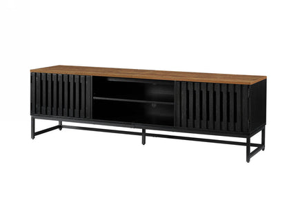 63 Inch Mid Century Modern TV Stand with Slatted Grille Striped Doors, TV Stand with Storage, Entertainment Center for Living Room Bedroom, TV Media Console