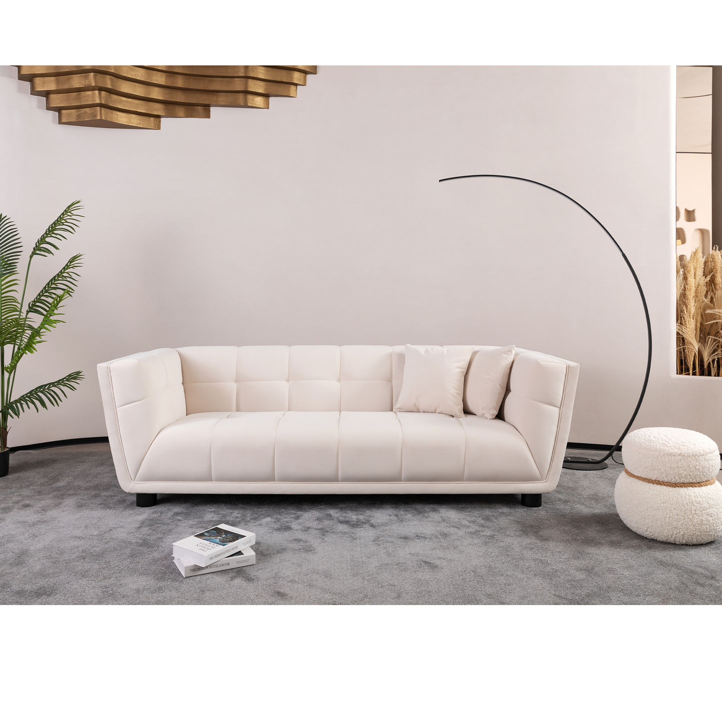 WKS13 Mid-century modern style: simple white sofa, small square design, velvet fabric texture smooth, retro fashion, solid wood feet, 2 people design