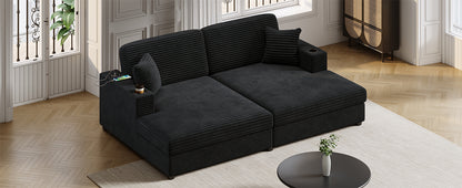 86.5" Oversized Loveseat Chaise Lounge Sectional Sofa Bed Corduroy Sleeper Sofa with Two USB Ports , Two Cup Holders and Two Throw Pillows for Living Room and Bedroom, Black