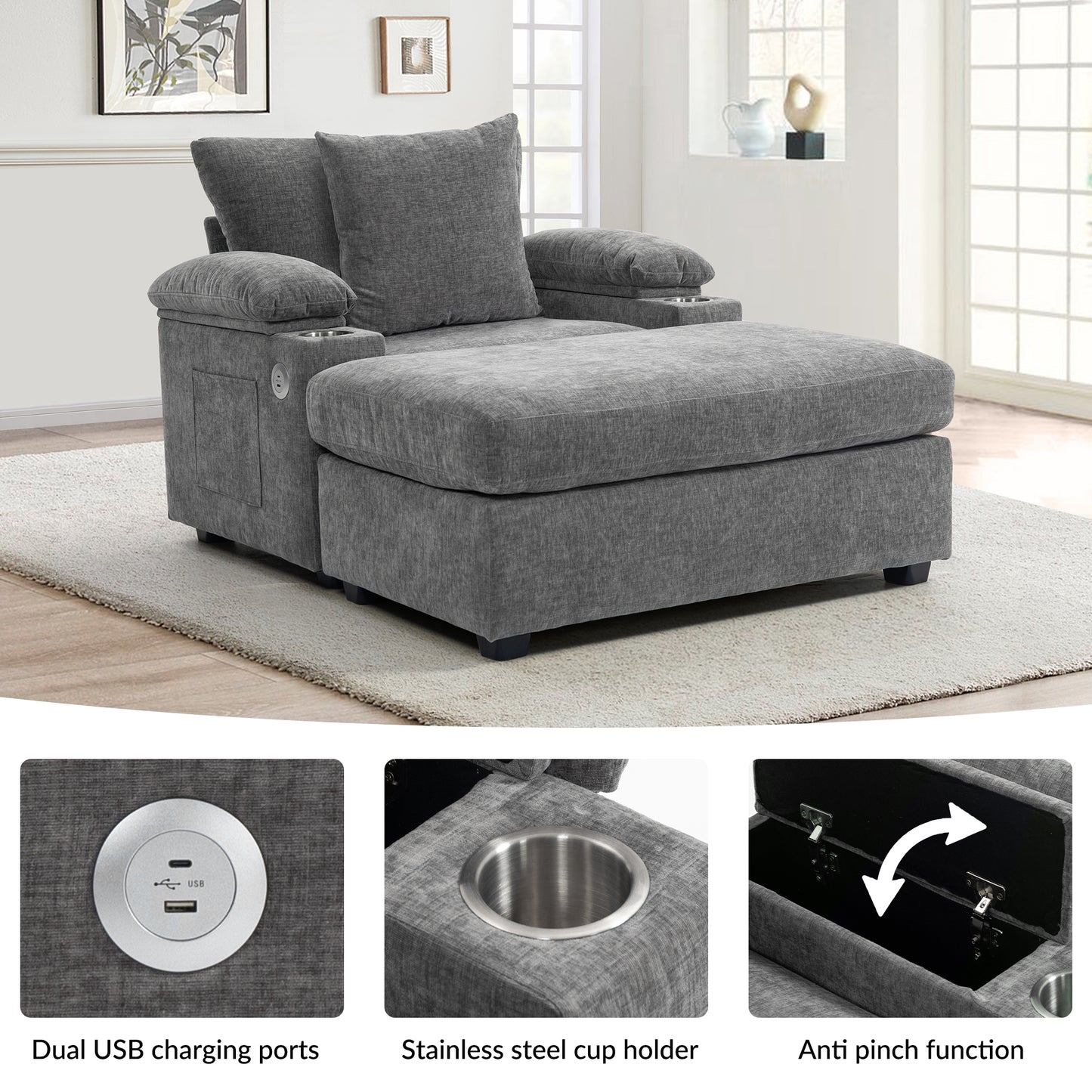 Modern Oversized Chair with Ottoman,Chenille Fabric Sofa Bed,Accent Chair Comfy Sofa with Cupholders and USB Charging Ports Chair for Living Room,Bedroom,Apartment