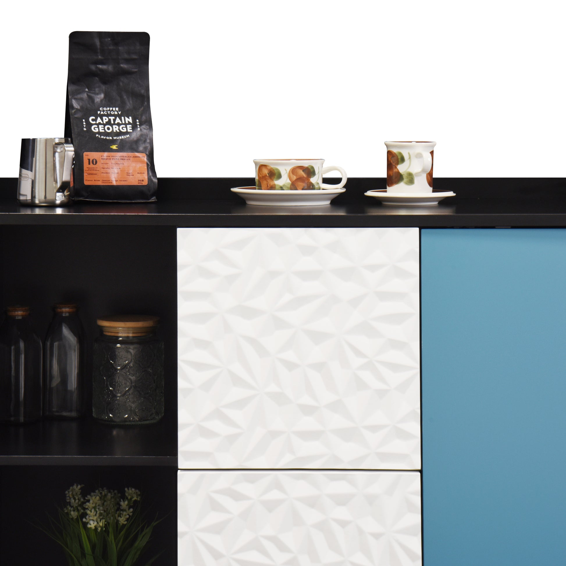 Sideboard Buffet Cabinet, Black Storage Cabinet with Blue Doors , 2 Drawers with unique panel styling and 2 Open Storage Compartment, Modern Coffee Bar Cabinet Accent Cabinet for Kitchen, Dining Room,