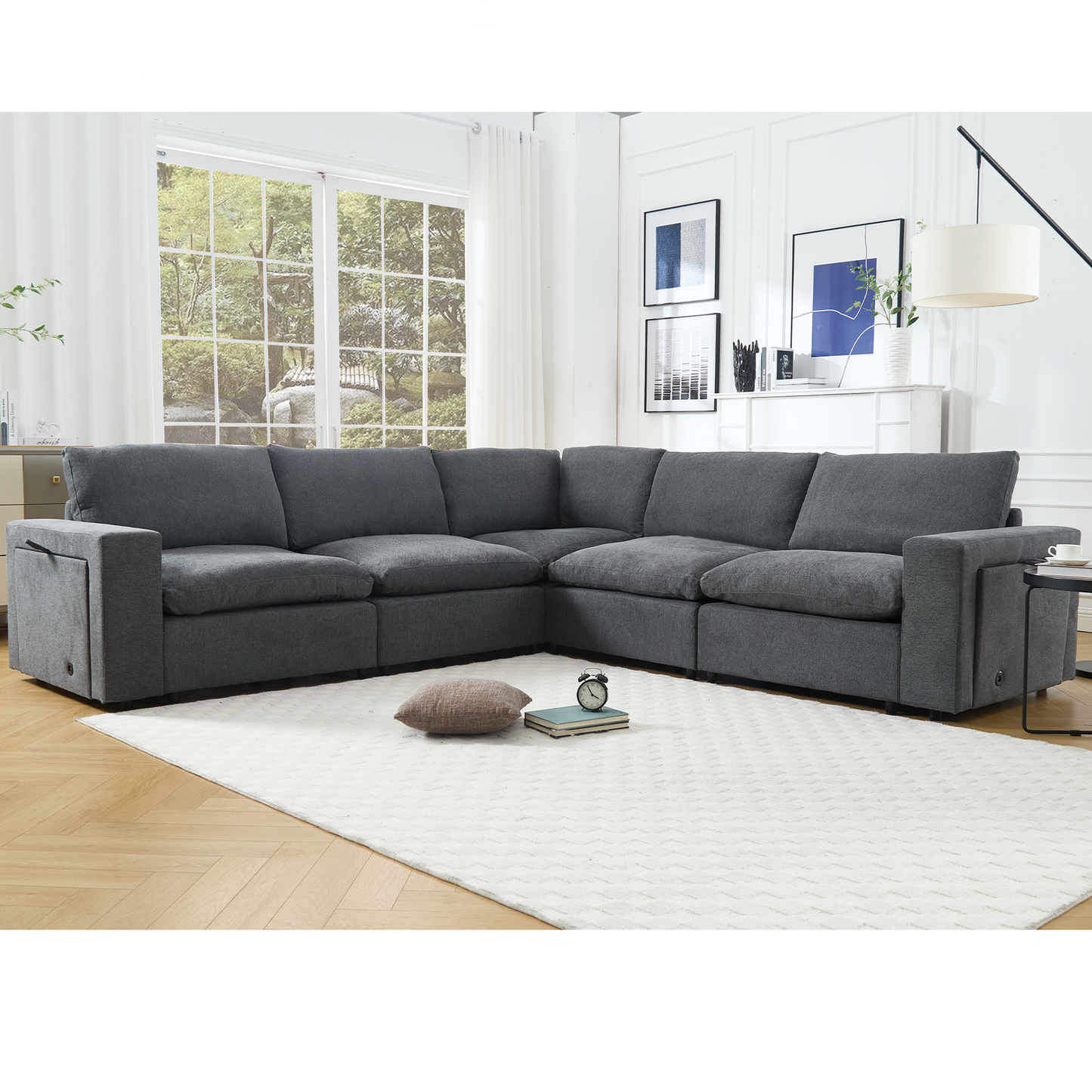 [NEW ARRIVED] [VIDEO PROVIDED]Sectional Couches For Living Room,Modular Couch,Wireless Charging Port & Cup Holders,5-seat ,DIY Combination,L-shaped Sofa,Book Storage Space,Soft Linen Fabric,Gray